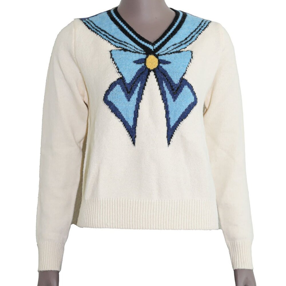 White Blue Sailor Bow Knit‎ Pullover V-Neck Soft Sweater Small Fall Winter Top